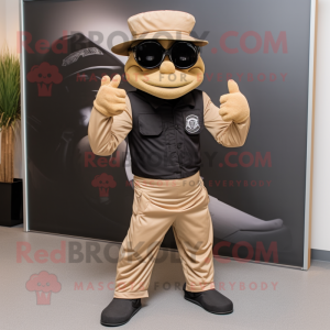 Tan Contortionist mascot costume character dressed with a Biker Jacket and Hats