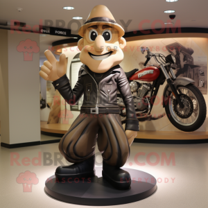 Tan Contortionist mascot costume character dressed with a Biker Jacket and Hats