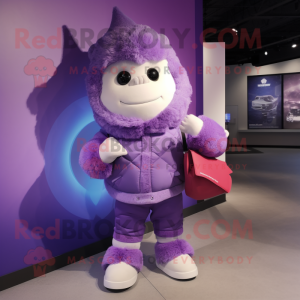 Purple Ice mascot costume character dressed with a Sweatshirt and Handbags