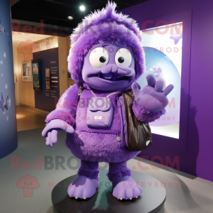 Purple Ice mascot costume character dressed with a Sweatshirt and Handbags