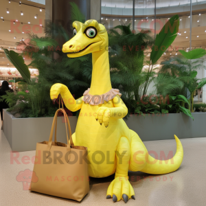 Lemon Yellow Brachiosaurus mascot costume character dressed with a Blouse and Handbags