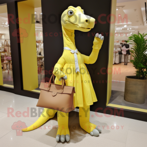 Lemon Yellow Brachiosaurus mascot costume character dressed with a Blouse and Handbags