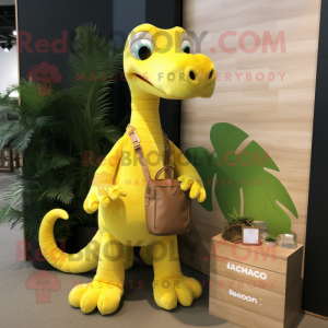Lemon Yellow Brachiosaurus mascot costume character dressed with a Blouse and Handbags