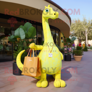 Lemon Yellow Brachiosaurus mascot costume character dressed with a Blouse and Handbags