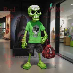 Lime Green Skull mascot costume character dressed with a Graphic Tee and Tote bags