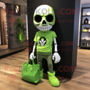 Lime Green Skull mascot costume character dressed with a Graphic Tee and Tote bags