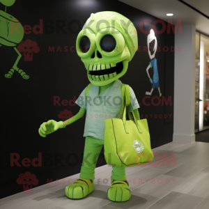 Lime Green Skull mascot costume character dressed with a Graphic Tee and Tote bags