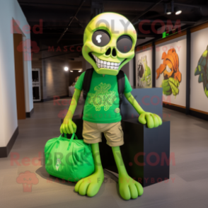 Lime Green Skull mascot costume character dressed with a Graphic Tee and Tote bags