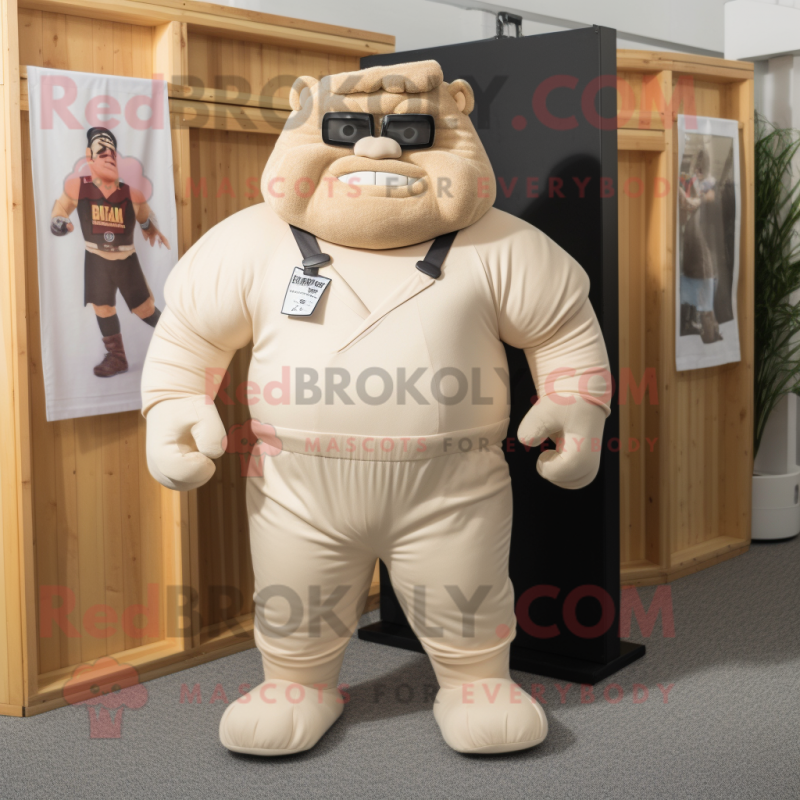 Beige Strongman mascot costume character dressed with a Romper and Pocket squares