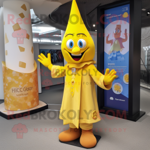 Yellow Magician mascot costume character dressed with a Henley Tee and Anklets