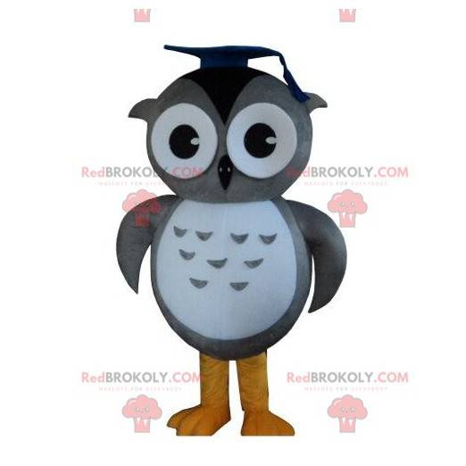 Mascotte de grand hibou gris, costume de chouette, de diplômé -