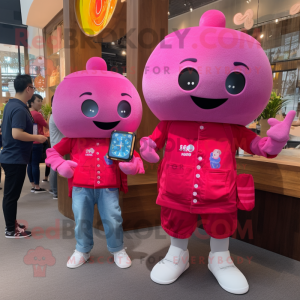 Magenta Dim Sum mascot costume character dressed with a Denim Shorts and Smartwatches