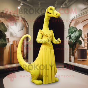Yellow Diplodocus mascot costume character dressed with a Empire Waist Dress and Cummerbunds