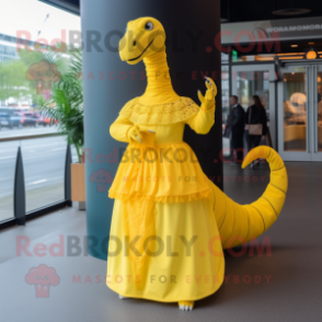 Yellow Diplodocus mascot costume character dressed with a Empire Waist Dress and Cummerbunds