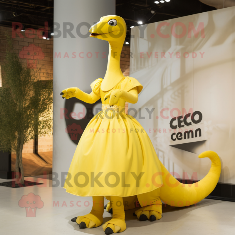 Yellow Diplodocus mascot costume character dressed with a Empire Waist Dress and Cummerbunds