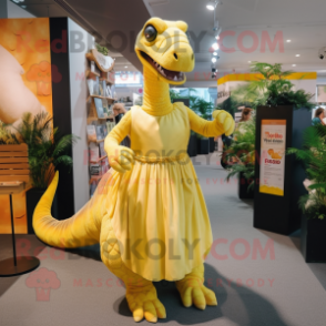 Yellow Diplodocus mascot costume character dressed with a Empire Waist Dress and Cummerbunds