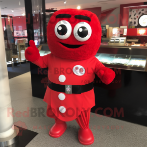 Red Sushi mascot costume character dressed with a Leggings and Cufflinks