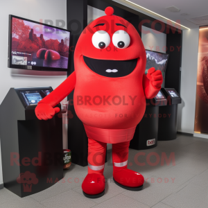 Red Sushi mascot costume character dressed with a Leggings and Cufflinks