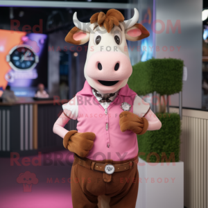 Pink Jersey Cow mascot costume character dressed with a Waistcoat and Bracelet watches