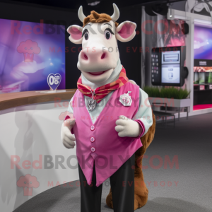 Pink Jersey Cow mascot costume character dressed with a Waistcoat and Bracelet watches