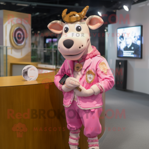 Pink Jersey Cow mascot costume character dressed with a Waistcoat and Bracelet watches