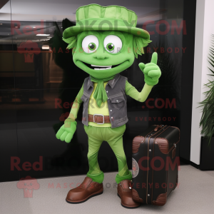 Green Chief mascot costume character dressed with a Skinny Jeans and Briefcases