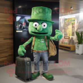 Green Chief mascot costume character dressed with a Skinny Jeans and Briefcases