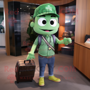 Green Chief mascot costume character dressed with a Skinny Jeans and Briefcases