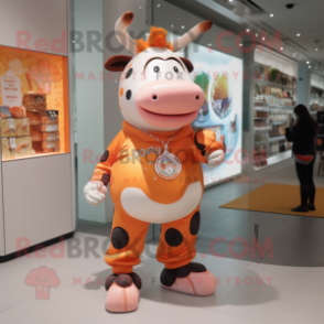 Peach Cow mascot costume character dressed with a Graphic Tee and Brooches