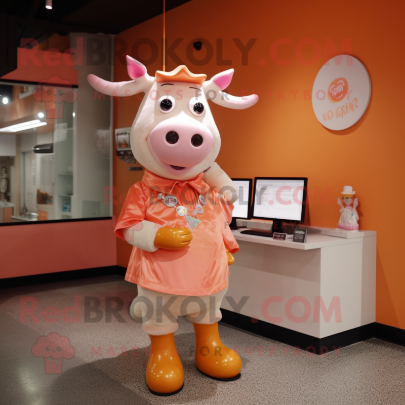 Peach Cow mascot costume character dressed with a Graphic Tee and Brooches