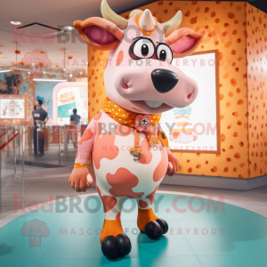 Peach Cow mascot costume character dressed with a Graphic Tee and Brooches