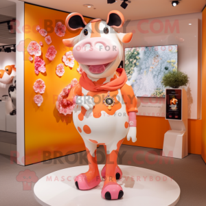 Peach Cow mascot costume character dressed with a Graphic Tee and Brooches
