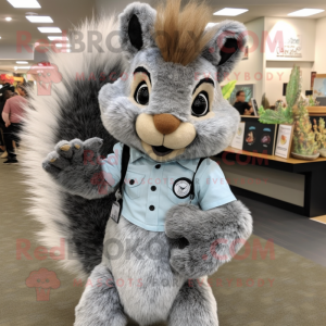 Gray Squirrel mascot costume character dressed with a Henley Shirt and Hair clips