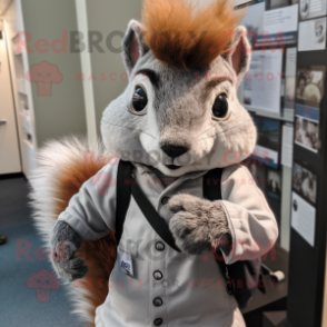 Gray Squirrel mascot costume character dressed with a Henley Shirt and Hair clips