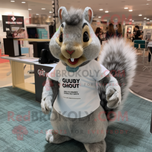 Gray Squirrel mascot costume character dressed with a Henley Shirt and Hair clips