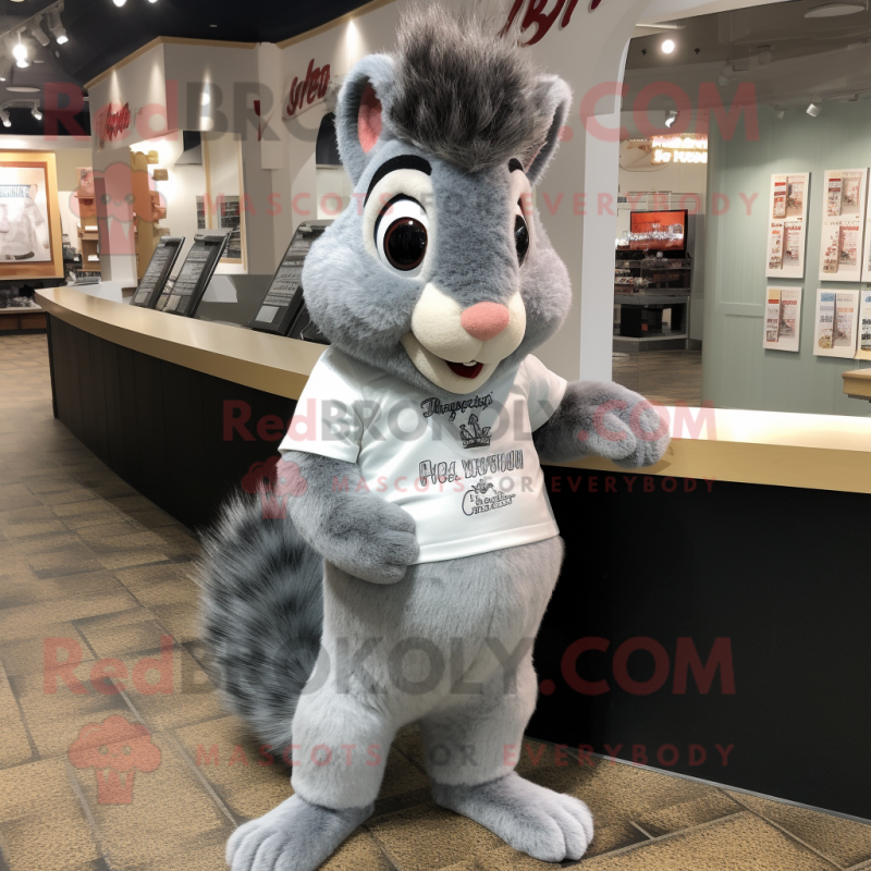 Gray Squirrel mascot costume character dressed with a Henley Shirt and Hair clips