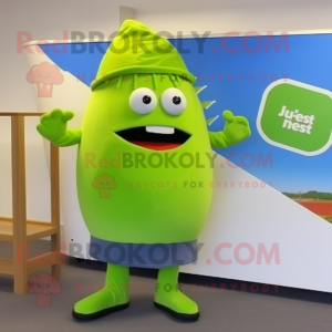 Lime Green Squash mascot costume character dressed with a Board Shorts and Beanies