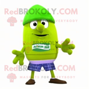 Lime Green Squash mascot costume character dressed with a Board Shorts and Beanies