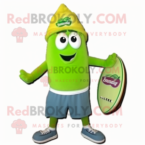Lime Green Squash mascot costume character dressed with a Board Shorts and Beanies