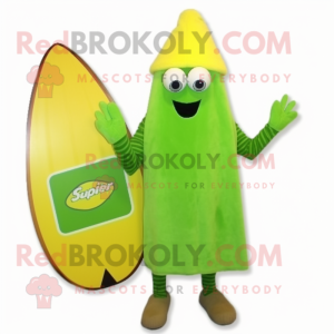 Lime Green Squash mascot costume character dressed with a Board Shorts and Beanies