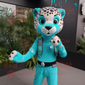 Turquoise Leopard mascot costume character dressed with a Tank Top and Smartwatches