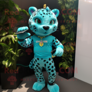 Turquoise Leopard mascot costume character dressed with a Tank Top and Smartwatches