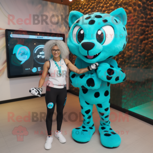 Turquoise Leopard mascot costume character dressed with a Tank Top and Smartwatches
