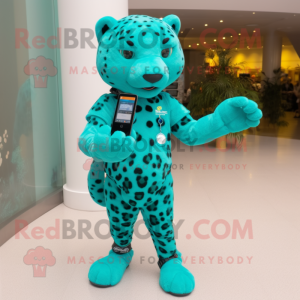 Turquoise Leopard mascot costume character dressed with a Tank Top and Smartwatches