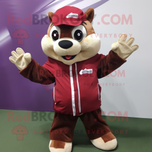 Maroon Chipmunk mascot costume character dressed with a Hoodie and Gloves