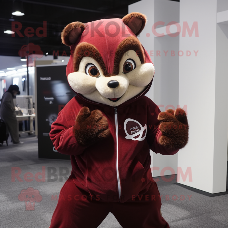 Maroon Chipmunk mascot costume character dressed with a Hoodie and Gloves Maroon Chipmunk mascot costume character dressed with a Hoodie and Gloves