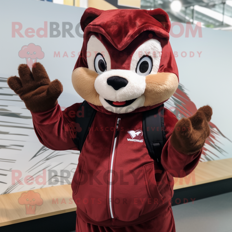 Maroon Chipmunk mascot costume character dressed with a Hoodie and Gloves Maroon Chipmunk mascot costume character dressed with a Hoodie and Gloves