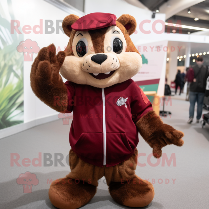 Maroon Chipmunk mascot costume character dressed with a Hoodie and Gloves