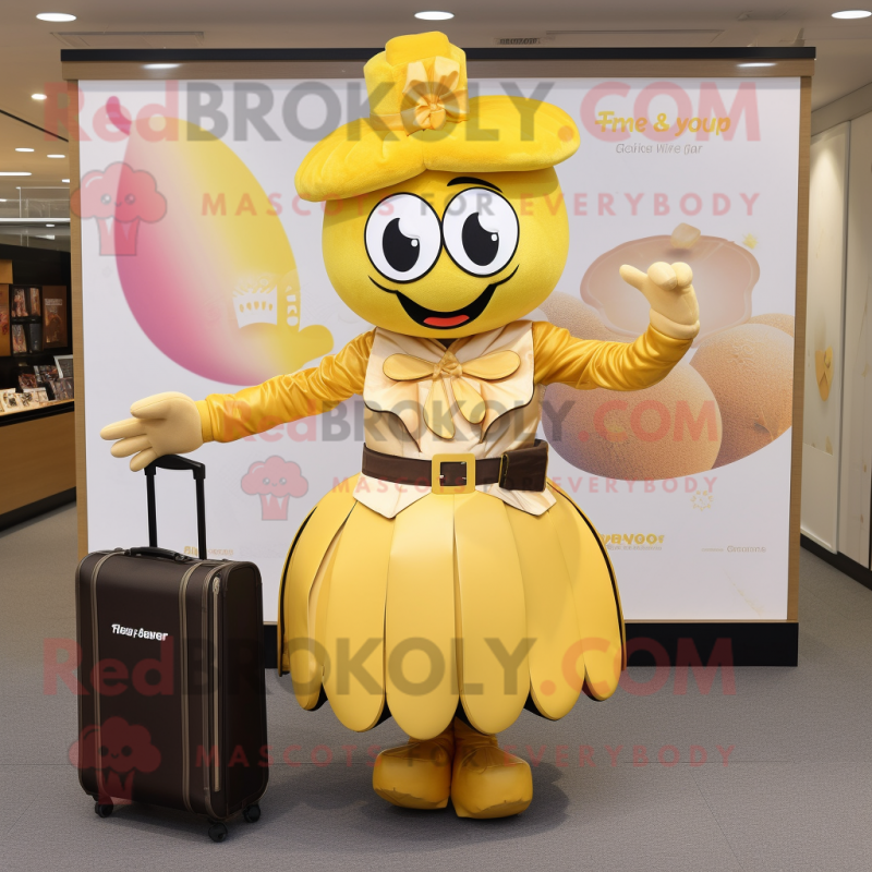 Gold Plum mascot costume character dressed with a Skirt and Briefcases Gold Plum mascot costume character dressed with a Skirt and Briefcases