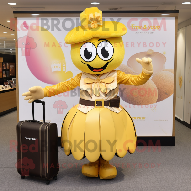 Gold Plum mascot costume character dressed with a Skirt and Briefcases